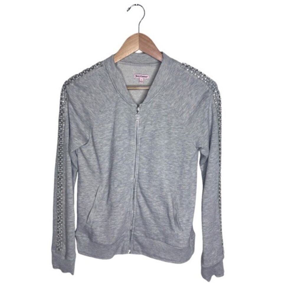Juicy Couture Gray Full Zip Bomber Pearls Size S Logo Pockets Knit Long Sleeve